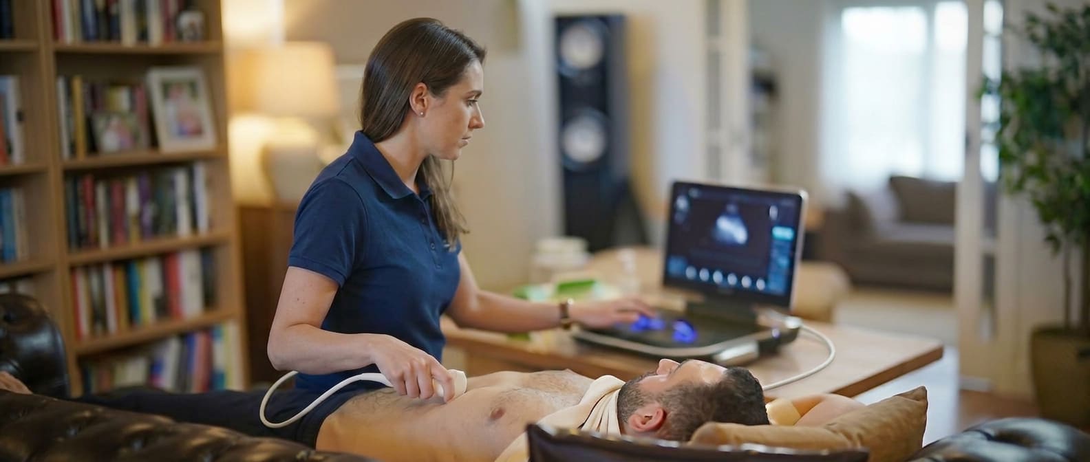 An echocardiogram at home: a clinician moves an ultrasound probe over the chest of a patient lying on a sofa, with the scanner beside her