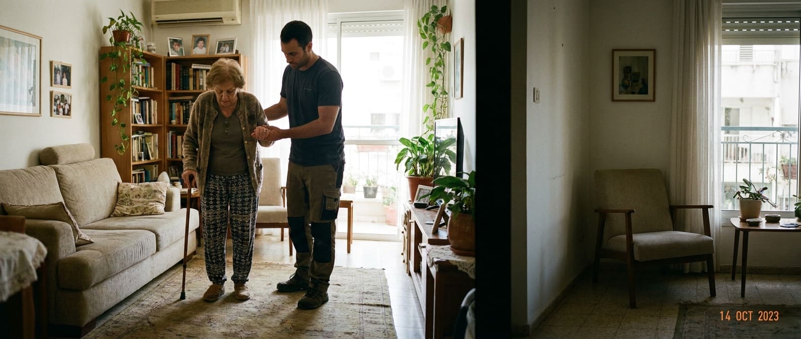 A therapist supports an older patient walking with a cane in her living room