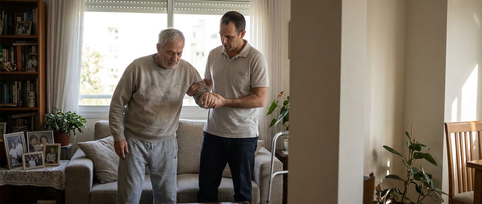 A caregiver supports the arm of an older patient getting up from the sofa in his living room