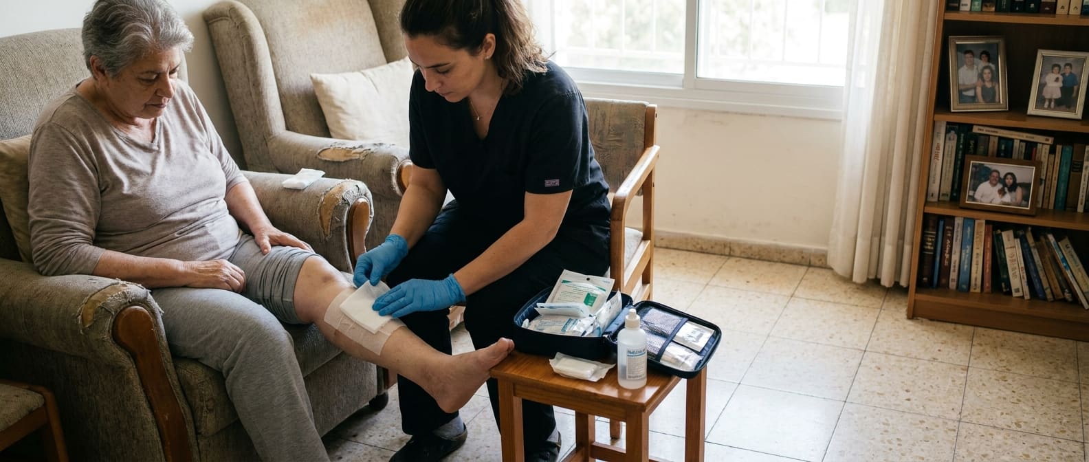 A gloved nurse dresses a wound on the leg of a patient seated in an armchair at home, with a dressing kit beside them