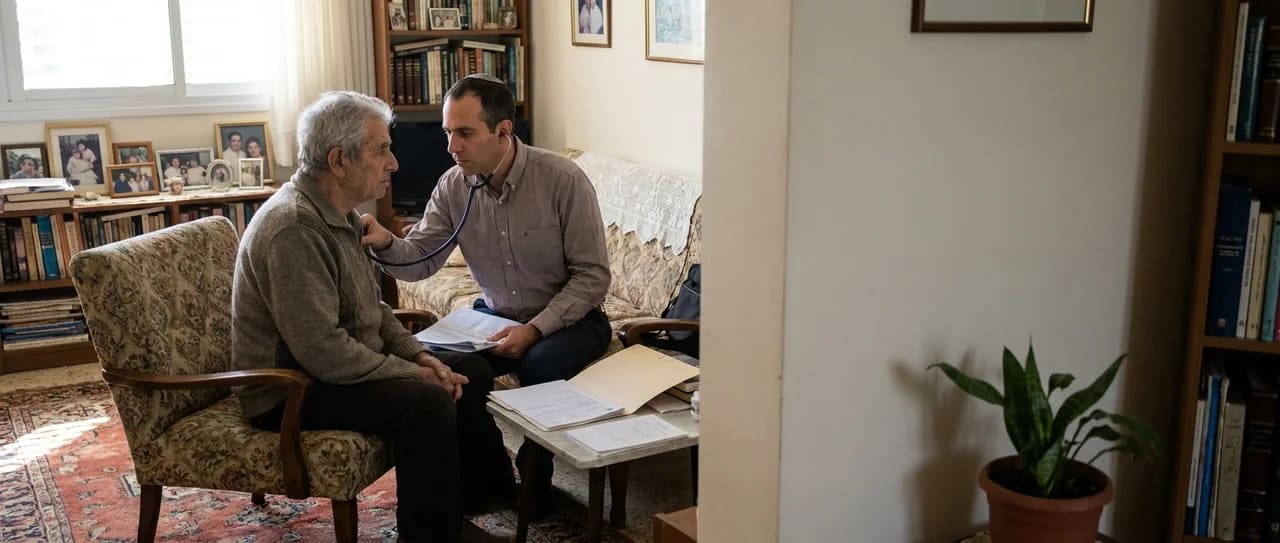 רופא בודק בסטטוסקופ מטופל מבוגר היושב בכורסה בביתו